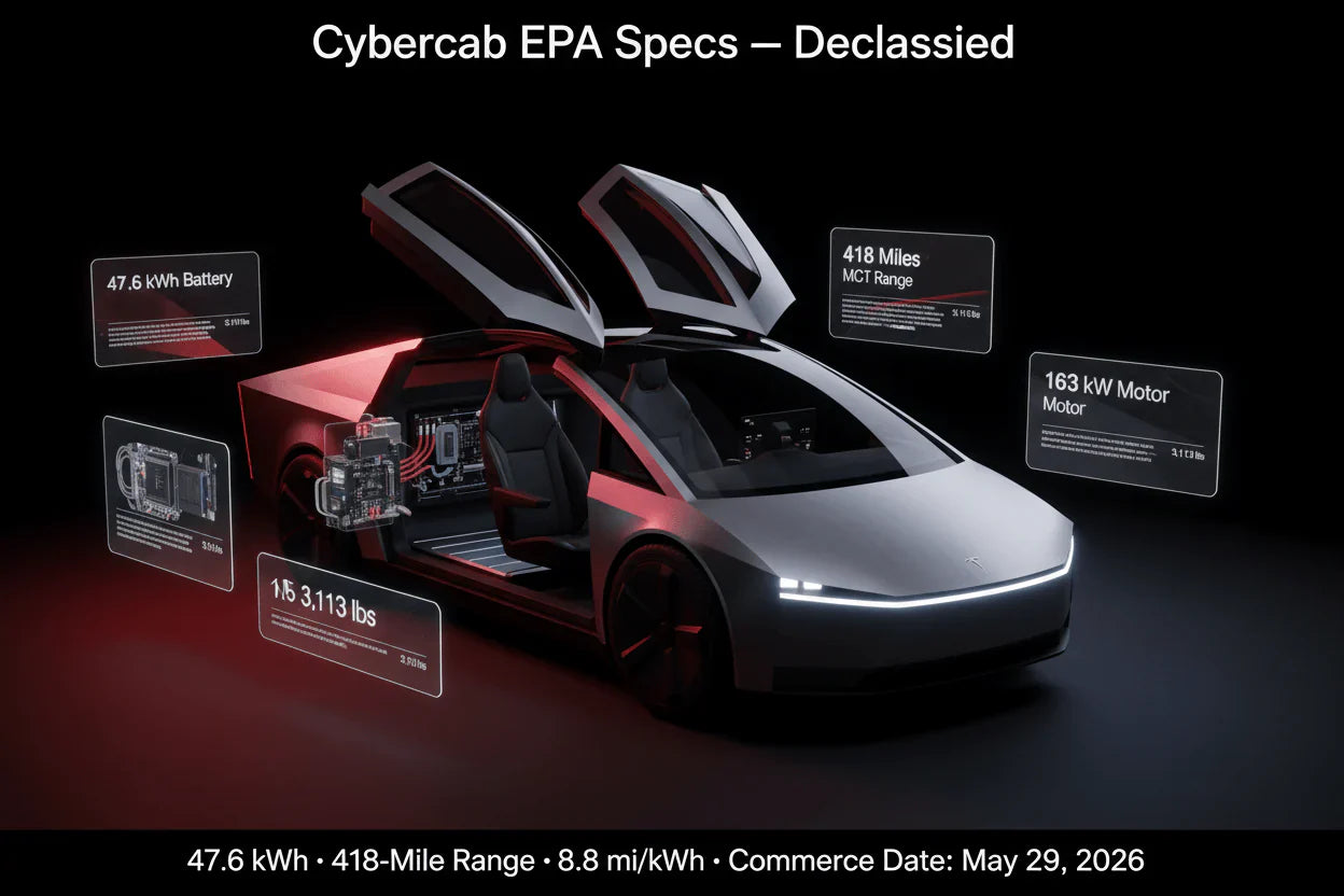 Tesla Cybercab EPA Specs Declassified: 48 kWh Battery, 418-Mile Test Range, and a Curb Weight That Demands Explanation